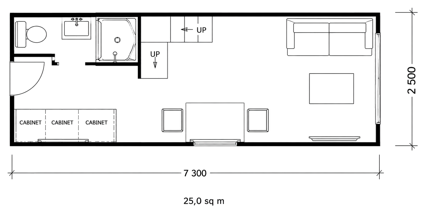 Cintsa floor plan — 7.3m x 2.5m with loft above, bathroom, staircase and living area