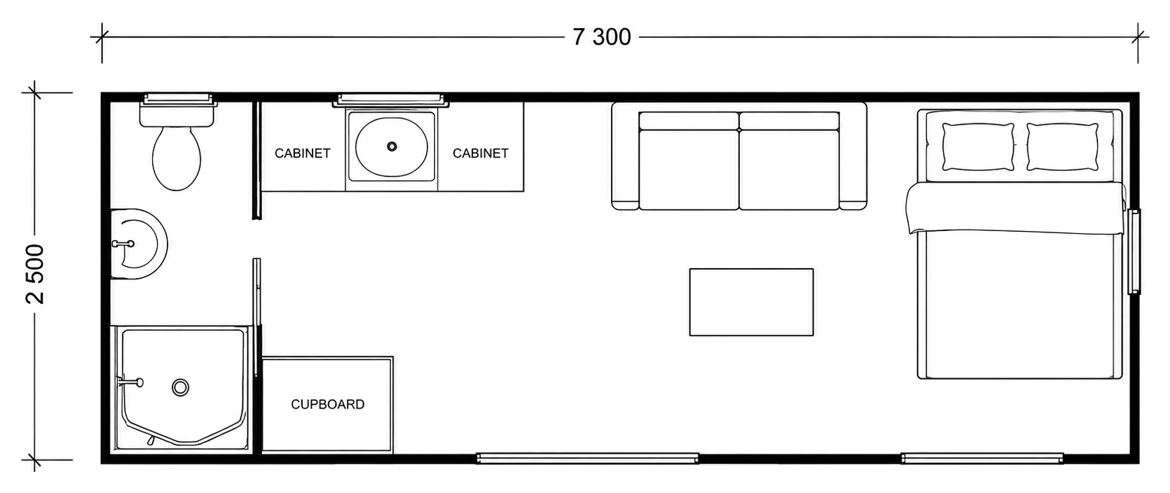 Emma floor plan — 7.3m x 2.5m, bathroom, bedroom and living area