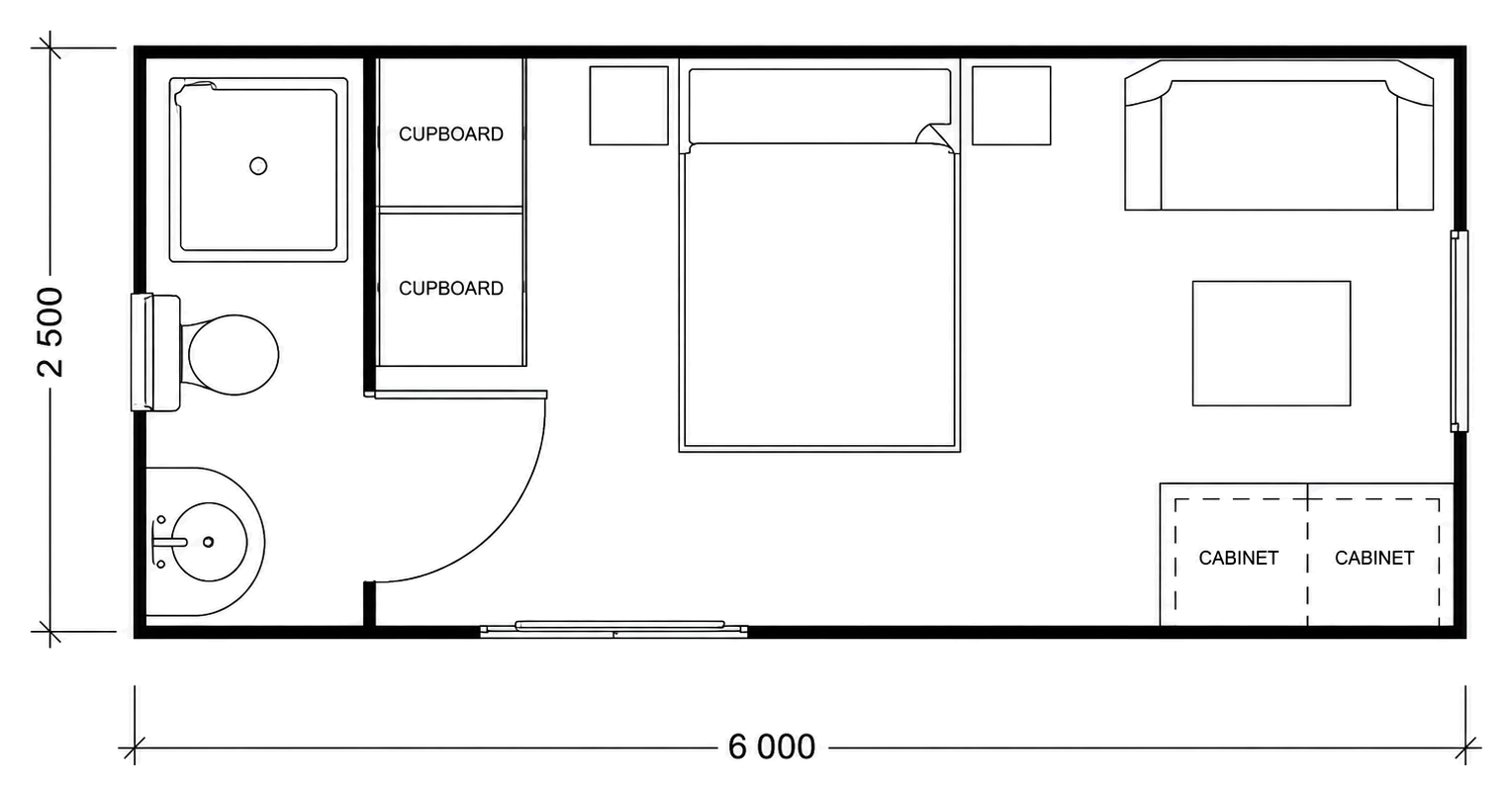 Studio floor plan — 6m x 2.5m, bathroom, bedroom and living area